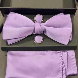 Purple Bow Tie, Cufflinks and Handkerchief/Pocket Square Set